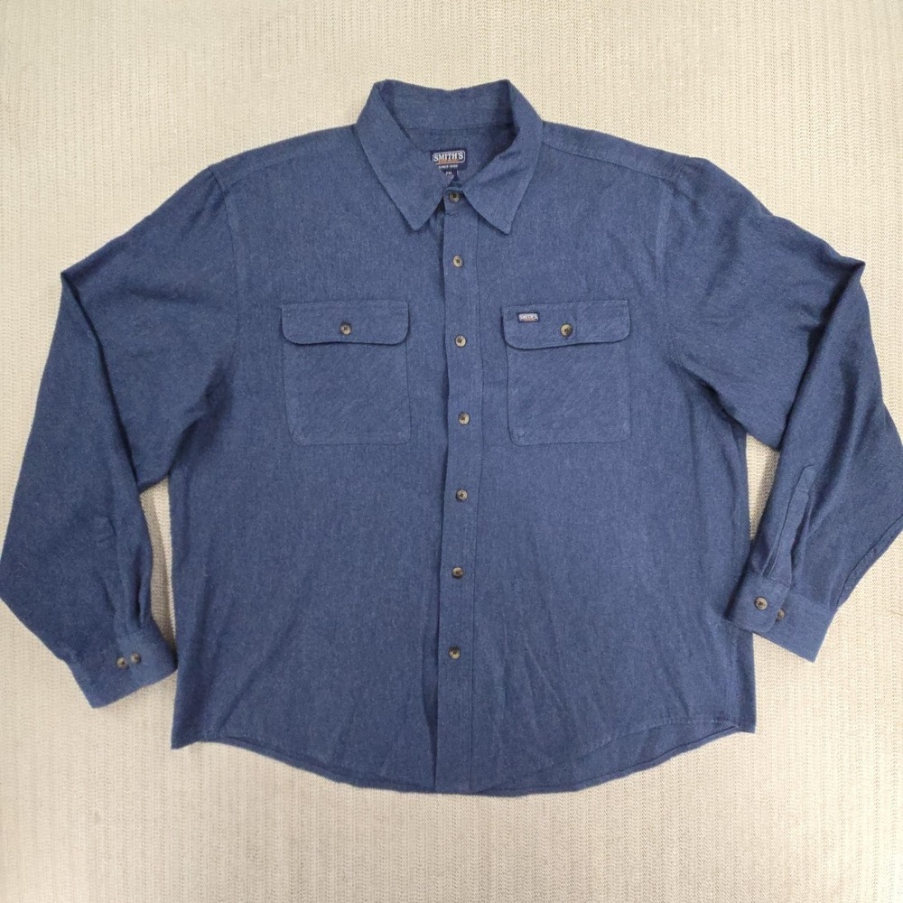 Smith's Workwear Shirt Mens 2XL Blue Flannel Long Sleeve Button Up Down